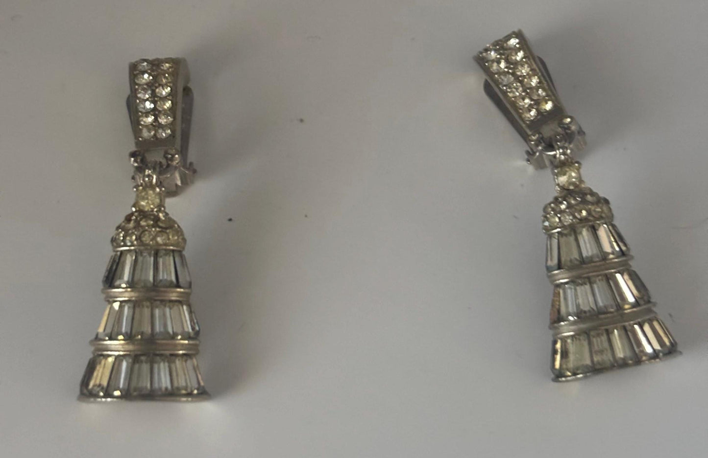 Pennino Rhinestone Earrings, Silver Three Tiered Baguette Cut Design, Bell Shaped