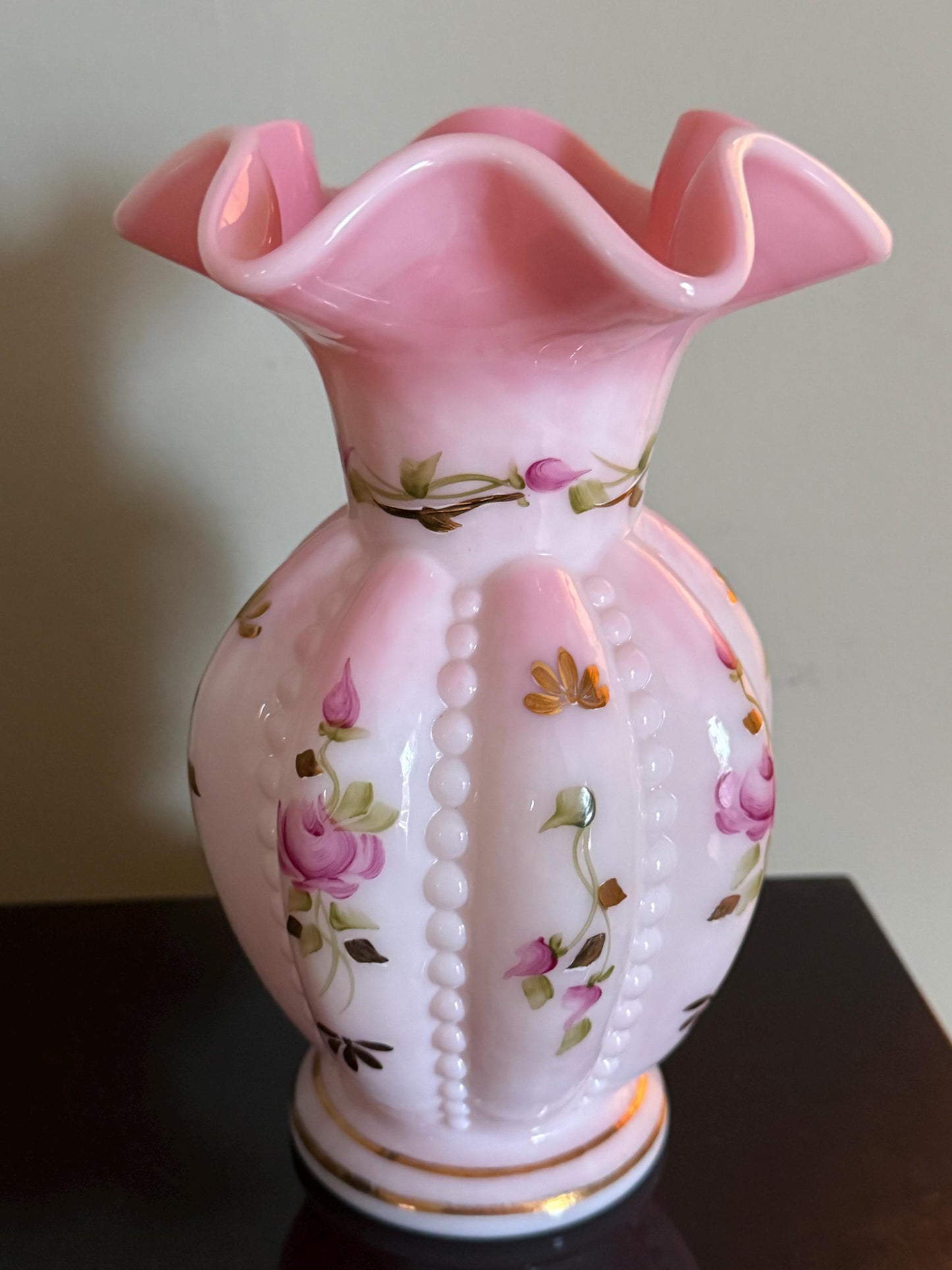 Fenton Rosalene Beaded Melon Vase, Charleton Rose Collection, Hand Painted By Linda Everson
