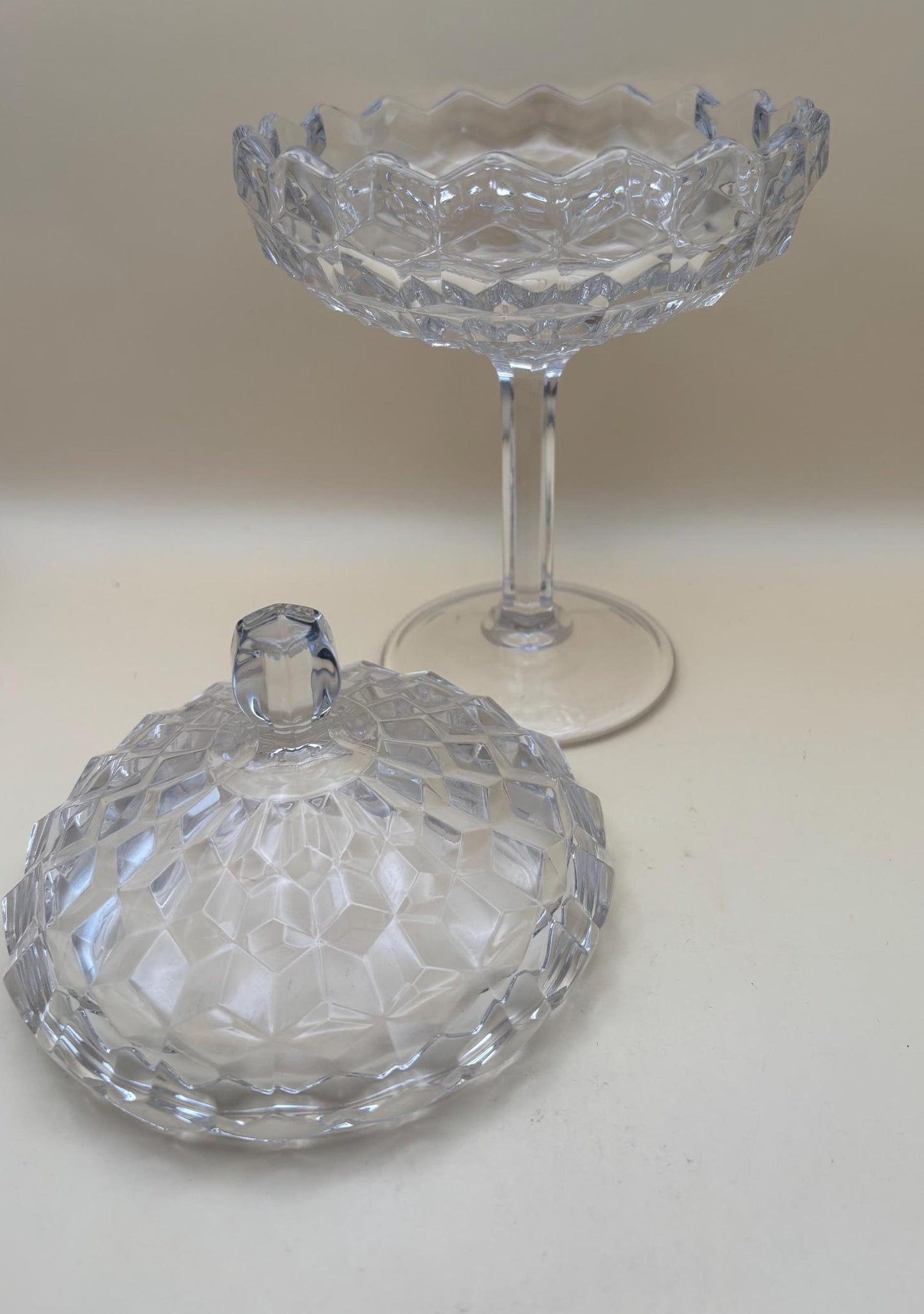 Vintage Fostoria American Cubist Glass Pedestal Candy Dish or Compote with Lid Lover Antiques and Vintage