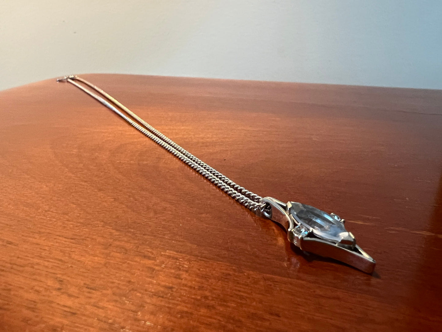 Vintage Pendant Necklace 11” long jewelry in silver tone diamond shaped