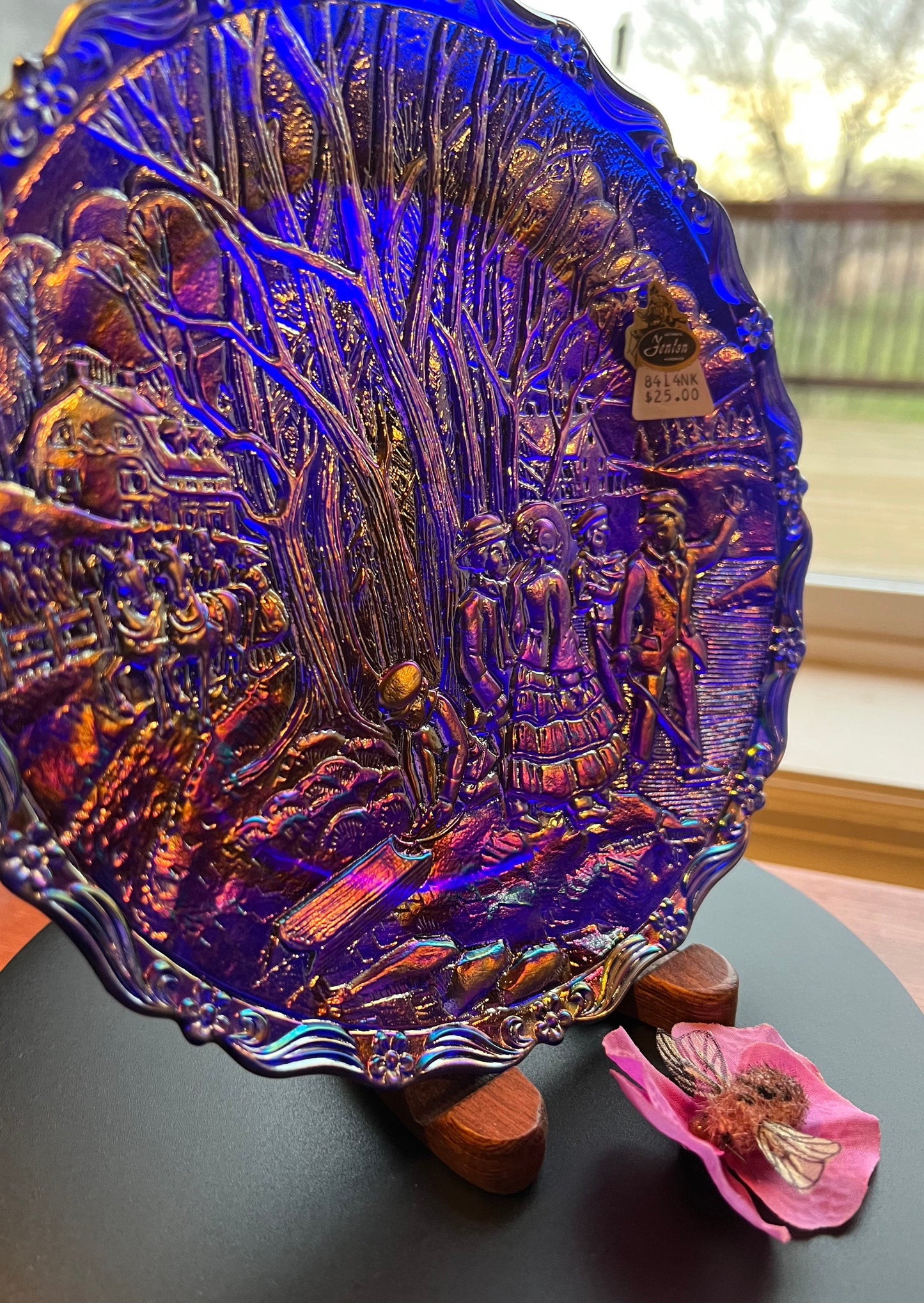 Vintage Fenton Winter Pastime Plate: Carnival Iridescent Purple Blue Glass