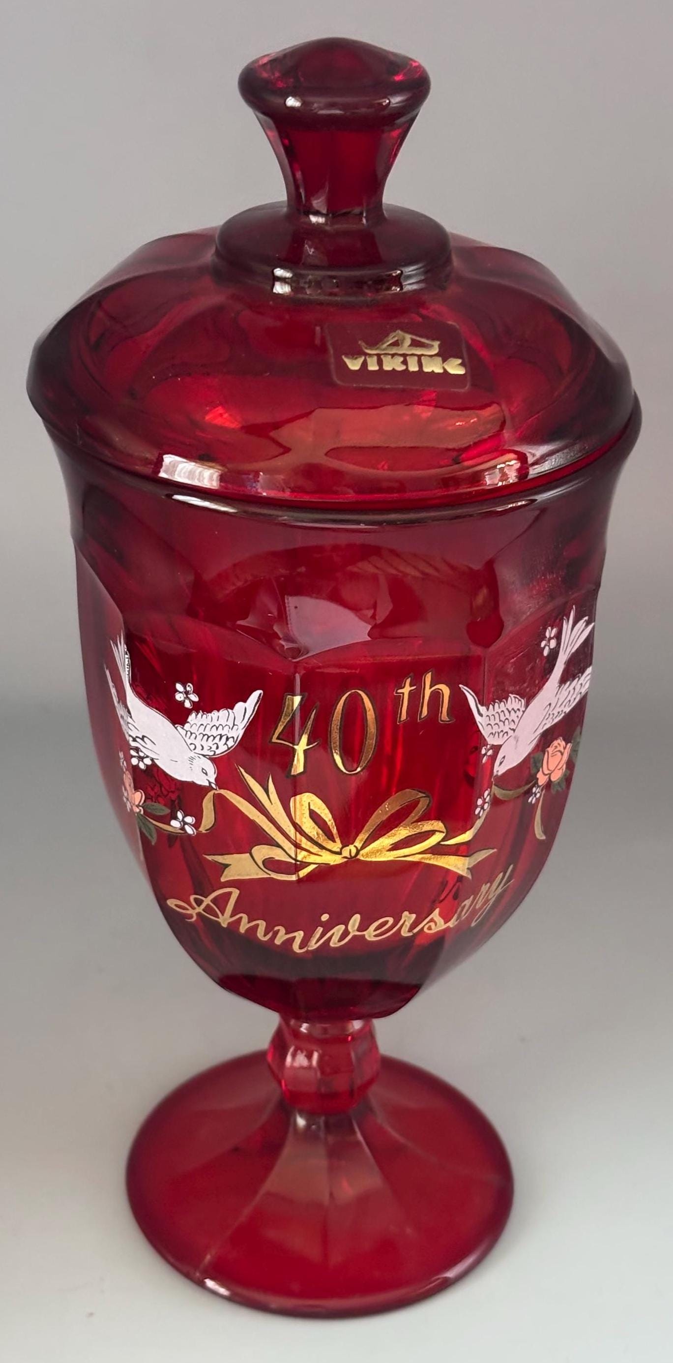 Viking Glass Ruby Red 40th Anniversary Glass Covered Candy Dish Lover Antiques and Vintage