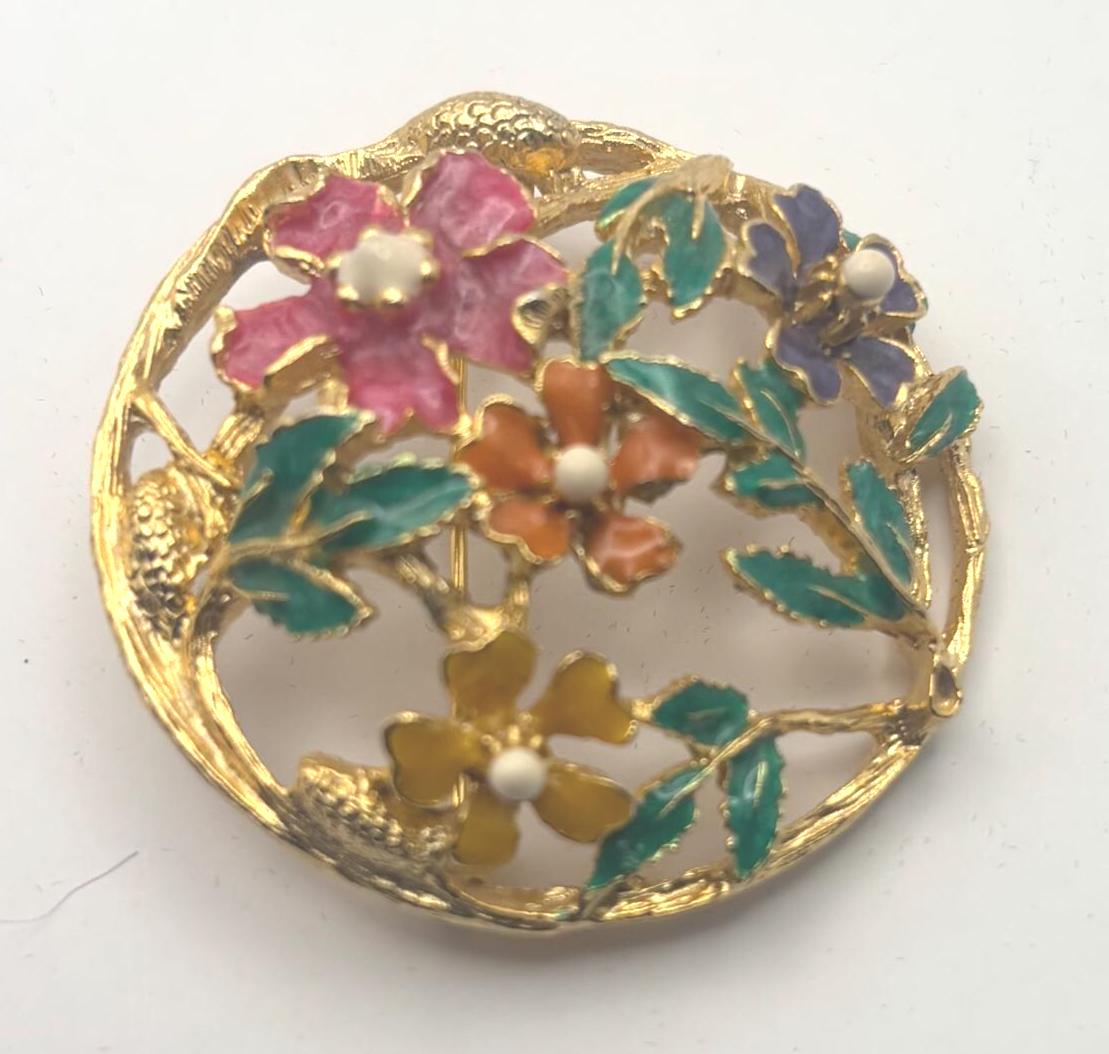 Catherine Popesco Flower Enamel Pin and Gold Floral Brooch, Lover Antiques and Vintage