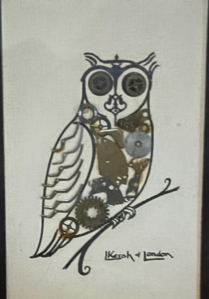 Vintage L Kersh of London Genuine Original Horological Owl Collage Wall Hanging Lover Antiques and Vintage