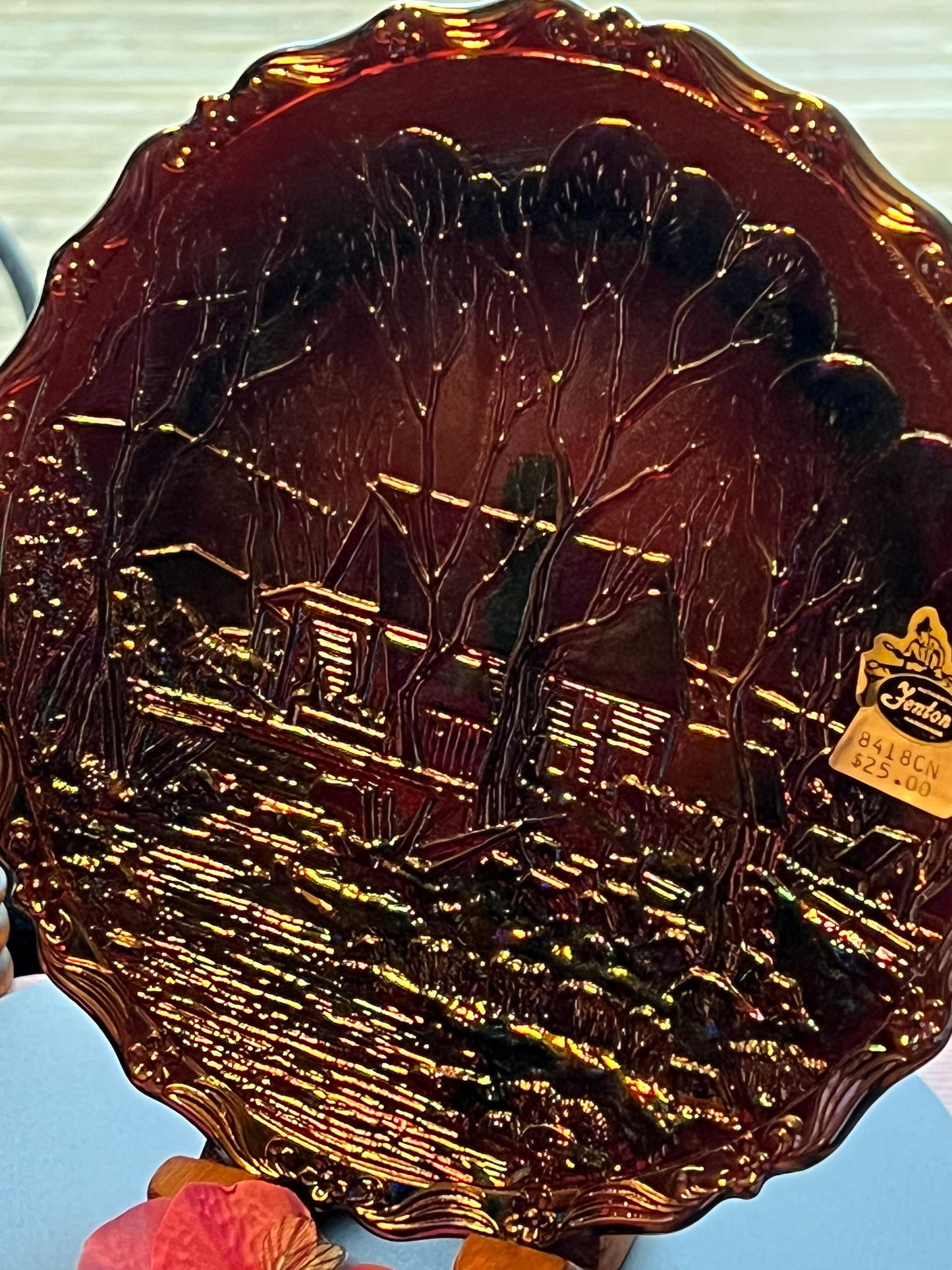 Vintage Fenton Carnival Glass Plate: Winter Country Scene