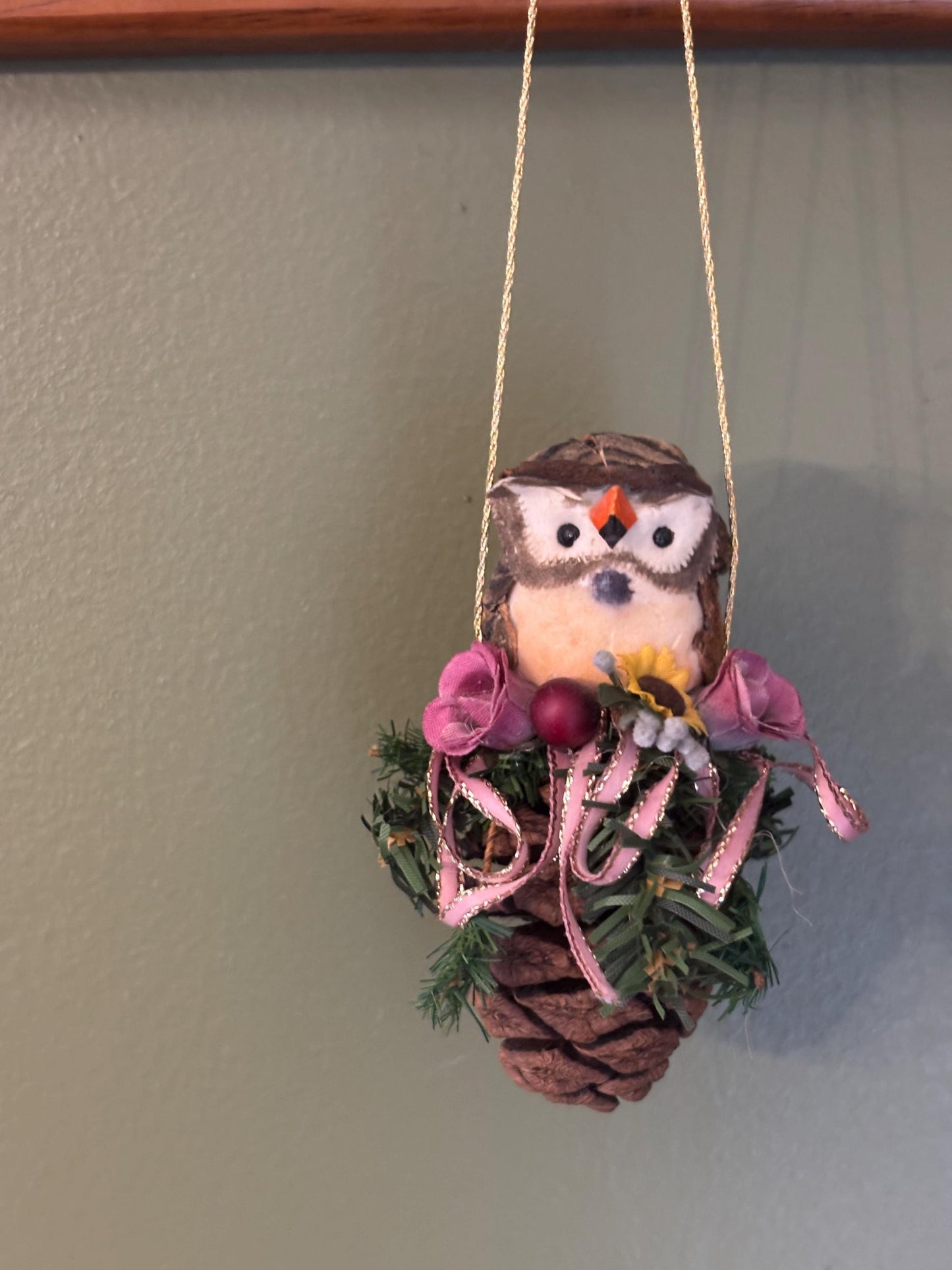 Vintage Owl in Pinecone Basket Ornament Gift For Her Lover Antiques and Vintage