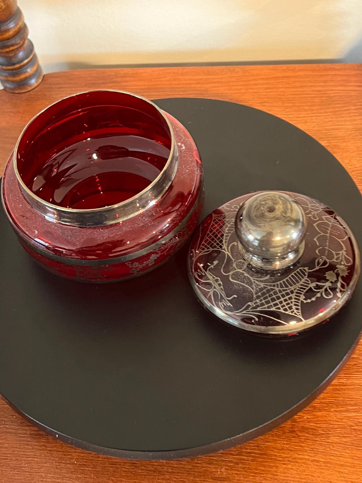 Vintage Ruby Red Glass Trinket Box: Bohemian Silver Gilding