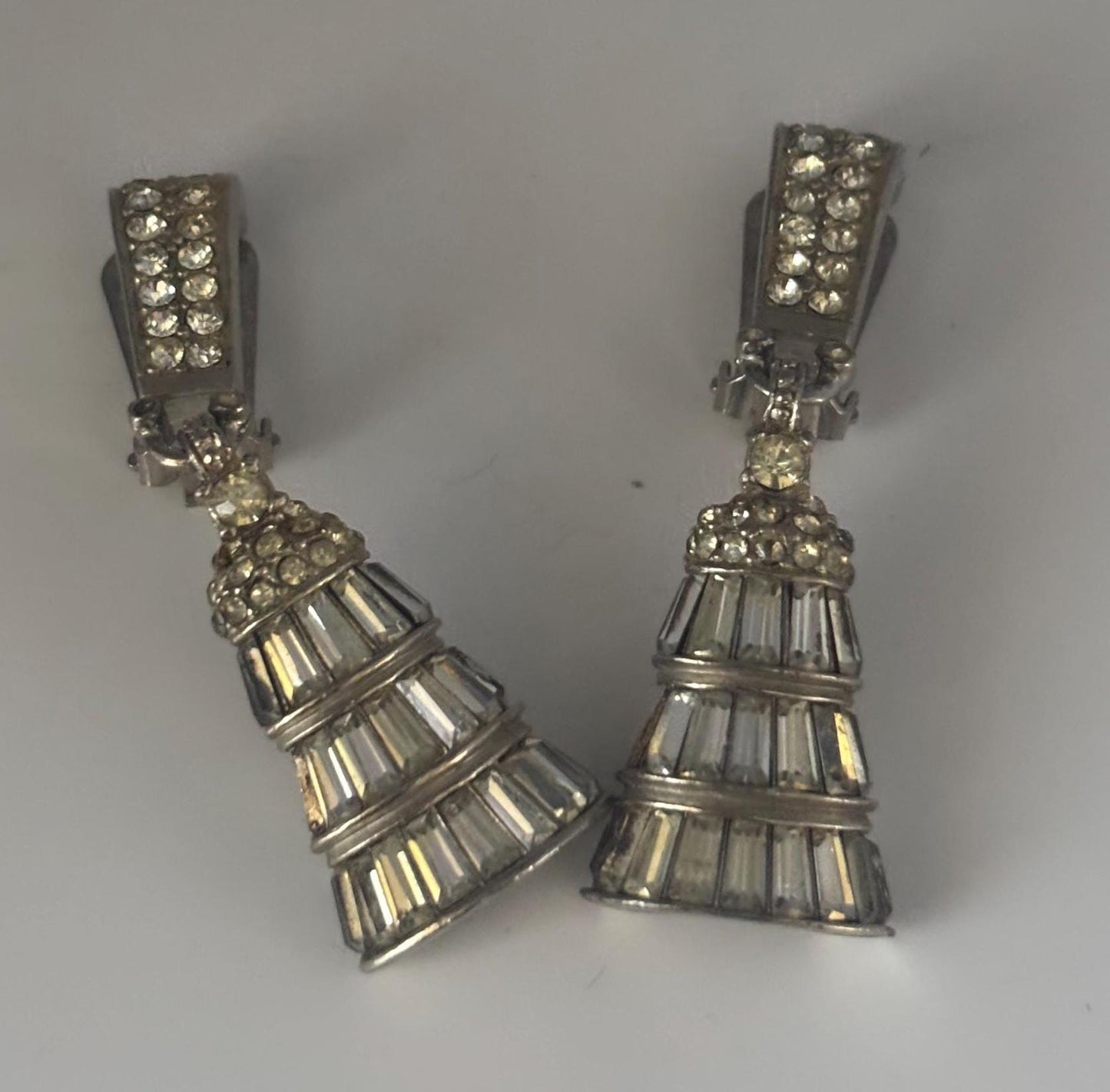 Pennino Rhinestone Earrings, Silver Three Tiered Baguette Cut Design, Bell Shaped