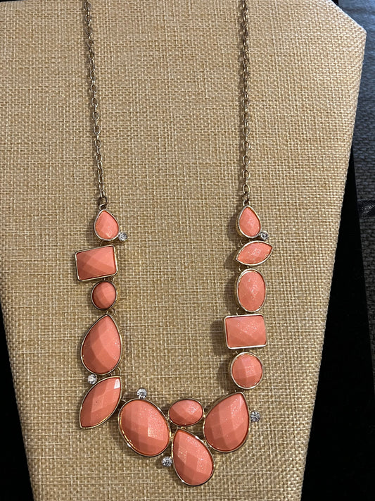 Vintage Coral Orange Statement Necklace: Gold Style Chain