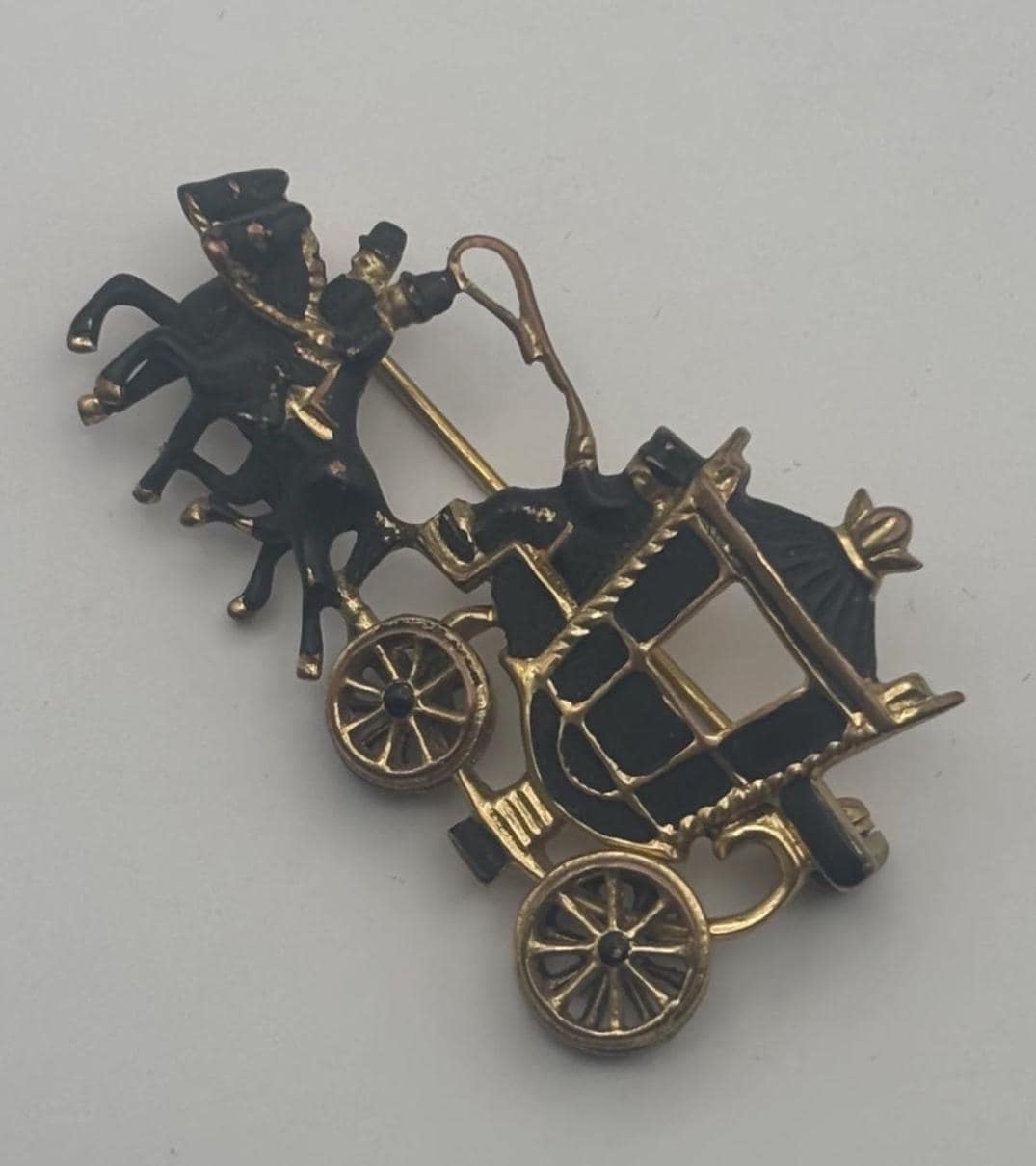 Vintage Carriage Stagecoach Horse Pin Black Enamel Gold Brooch Lover Antiques and Vintage