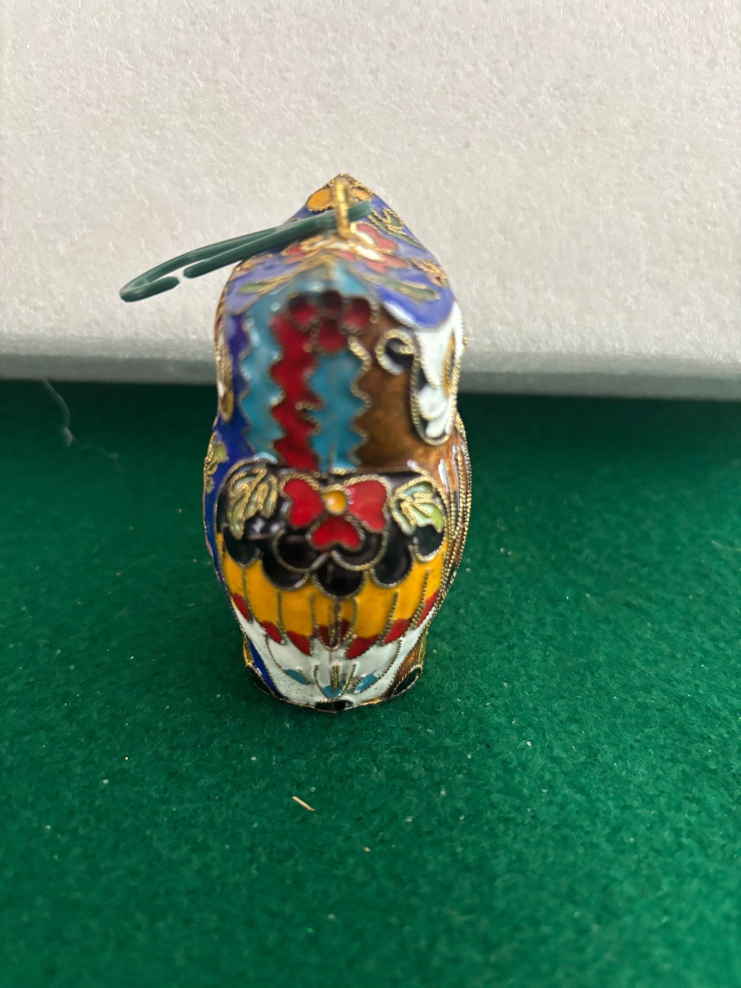 Vintage Cloisonné Brass Enameled Owl Figurine, Standing Owl Statue with Pink & Purple Floral Details