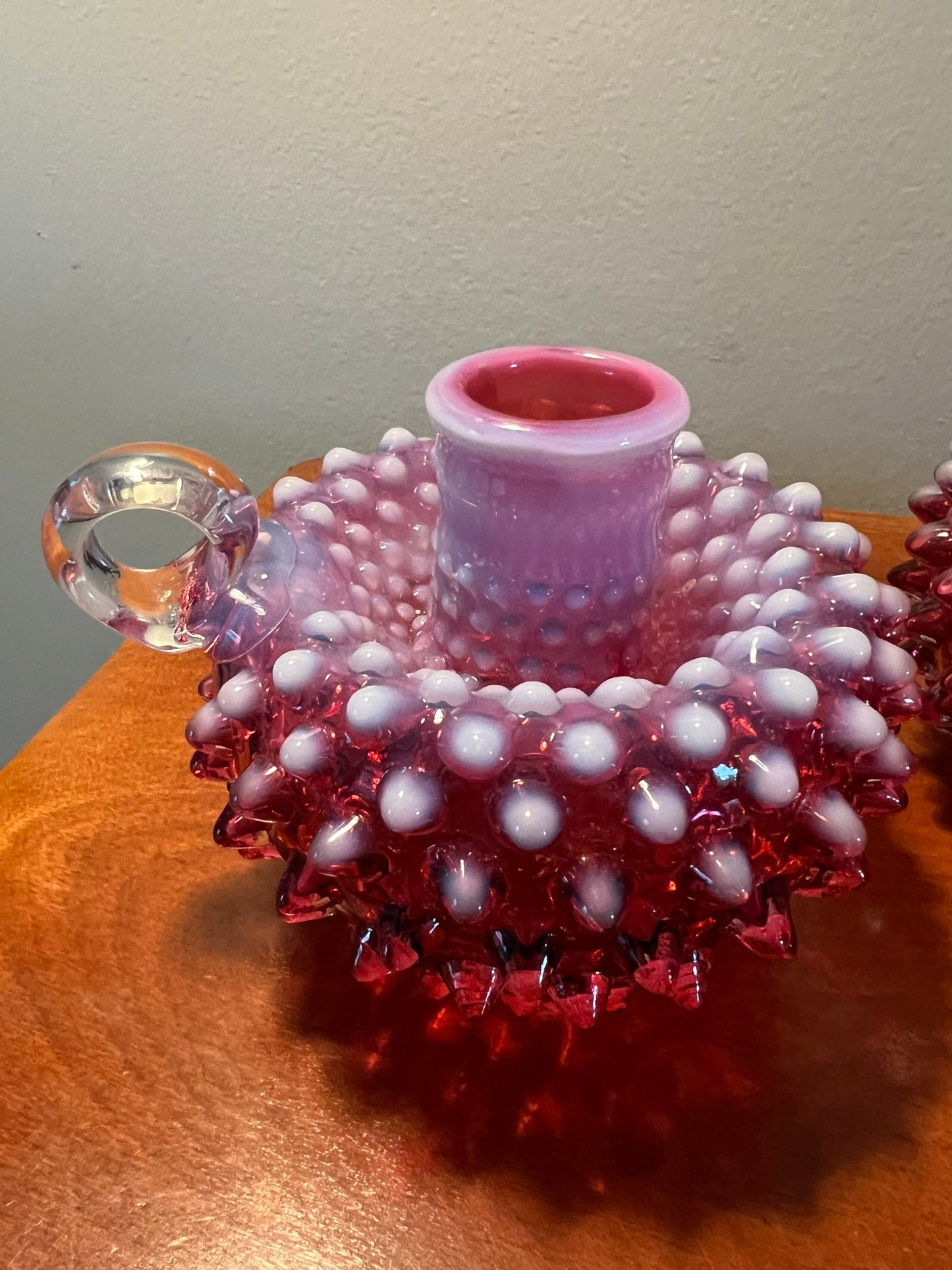 Vintage Fenton Cranberry Opalescent Hobnail Candleholder Pair Art Glass Pink Rose vintage