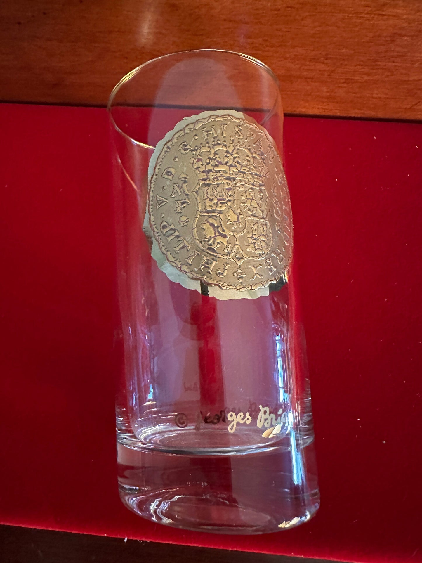 Vintage Georges Briard 24K Gold 5 1/2” Glass, 24K Glass High Ball Glass Dubloon Coin Design, Lover Antiques and Vintage