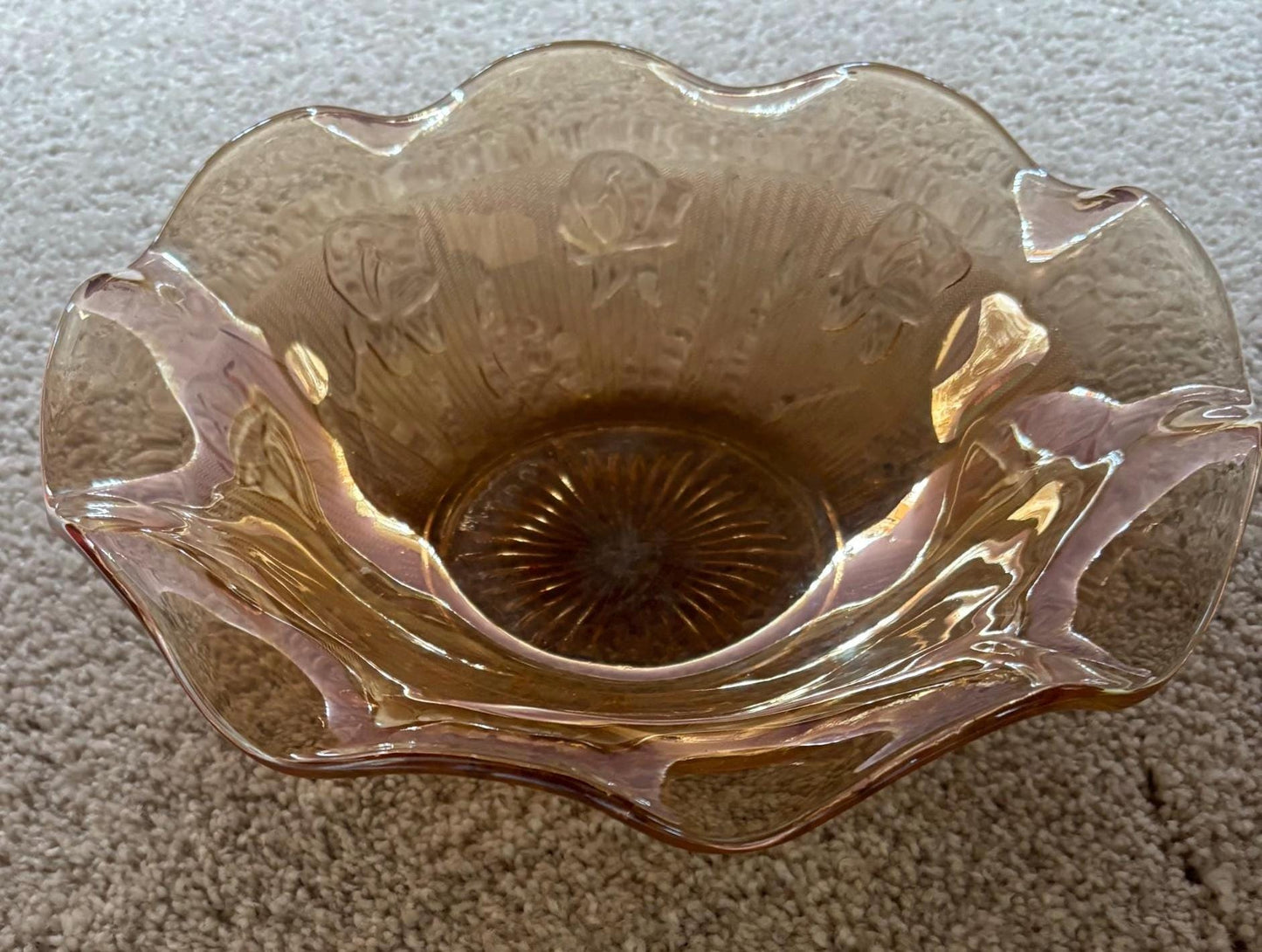 Jeannette Iris and Herringbone Marigold Carnival Glass Ruffled Bowl, Lover Antiques and Vintage