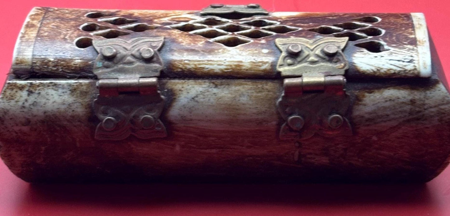Vintage Camel Bone and Brass Trinket Box with Owl Hinges