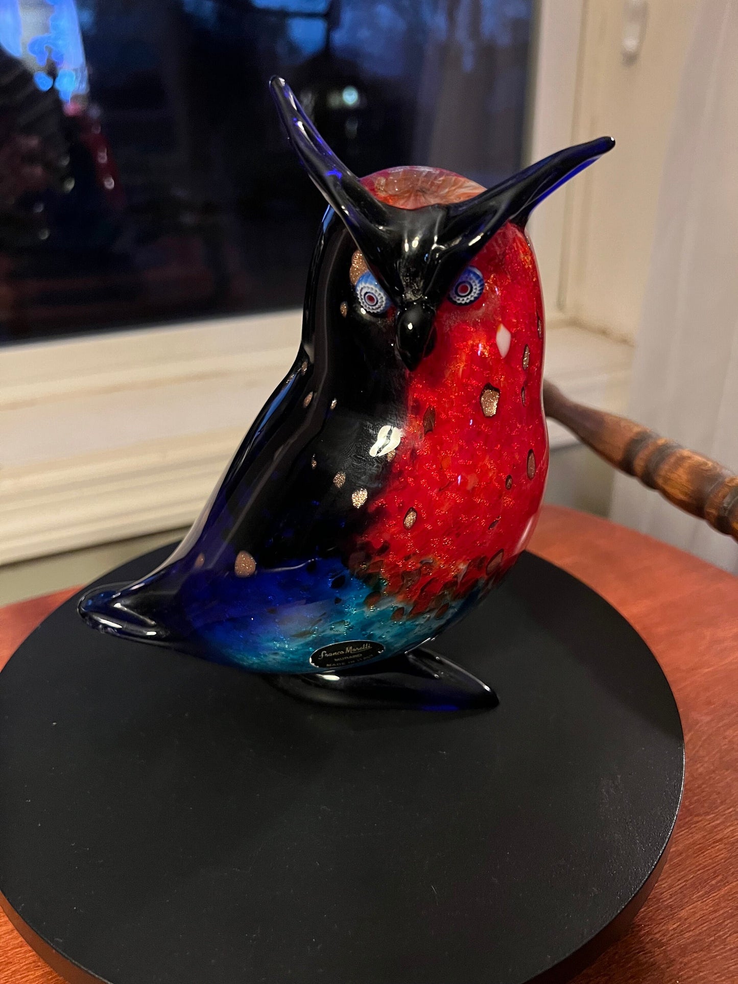 Vintage Murano Owl, signed by Franco Moretti Blue Red and Gold Sculpture, Owl Figurine, Art Glass, Lover Antiques and Vintage