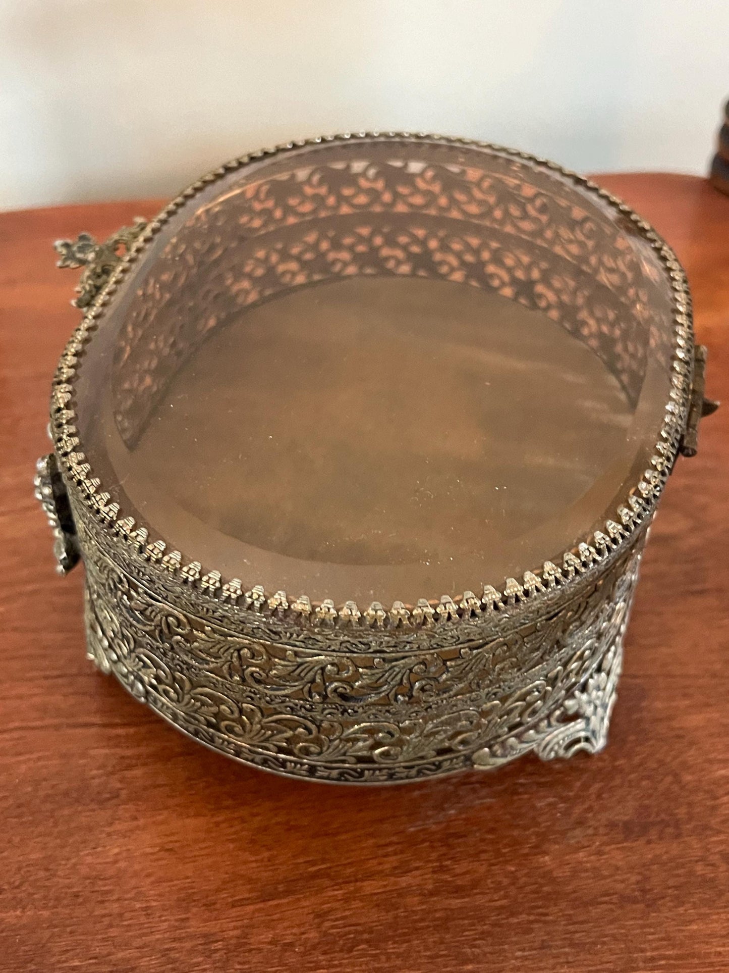 Vintage Angel Trinket Box: Gold Filigree Beveled Glass Casket