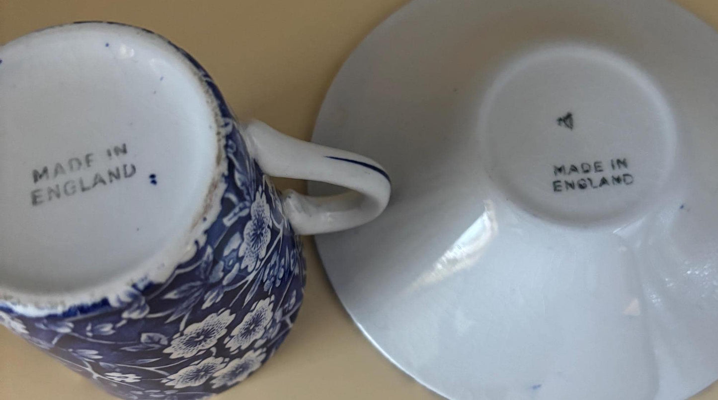 CALICO Blue and White Floral Espresso Cup and Saucer Royal Crownford Burleigh England Floral Transferware Lover Antiques