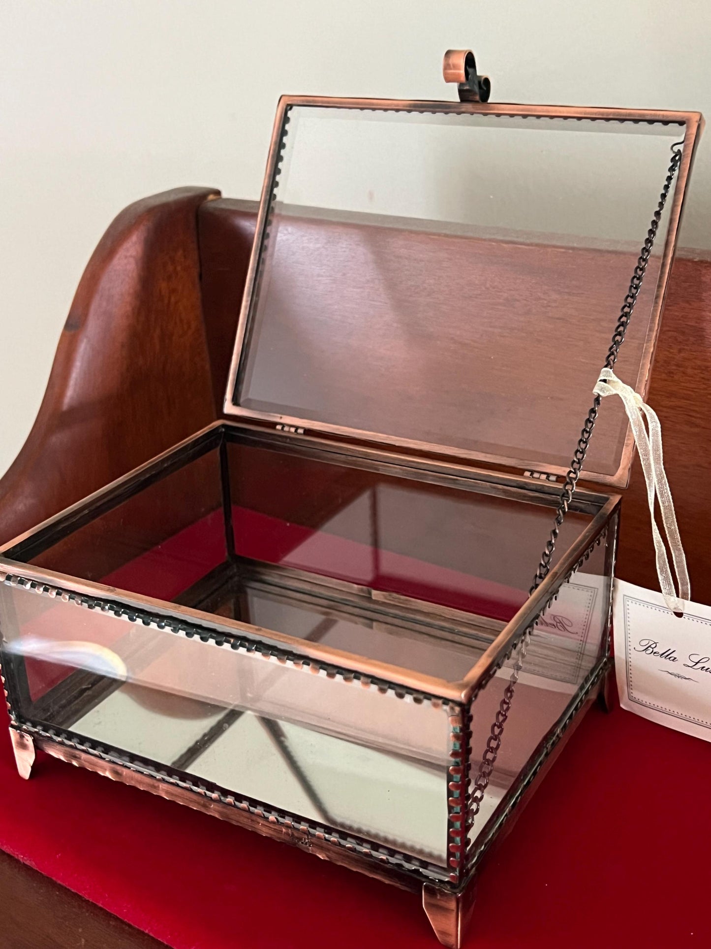 Vintage Bella Lux Copper & Beveled Glass Trinket Box: Hollywood Regency Jewelry Casket