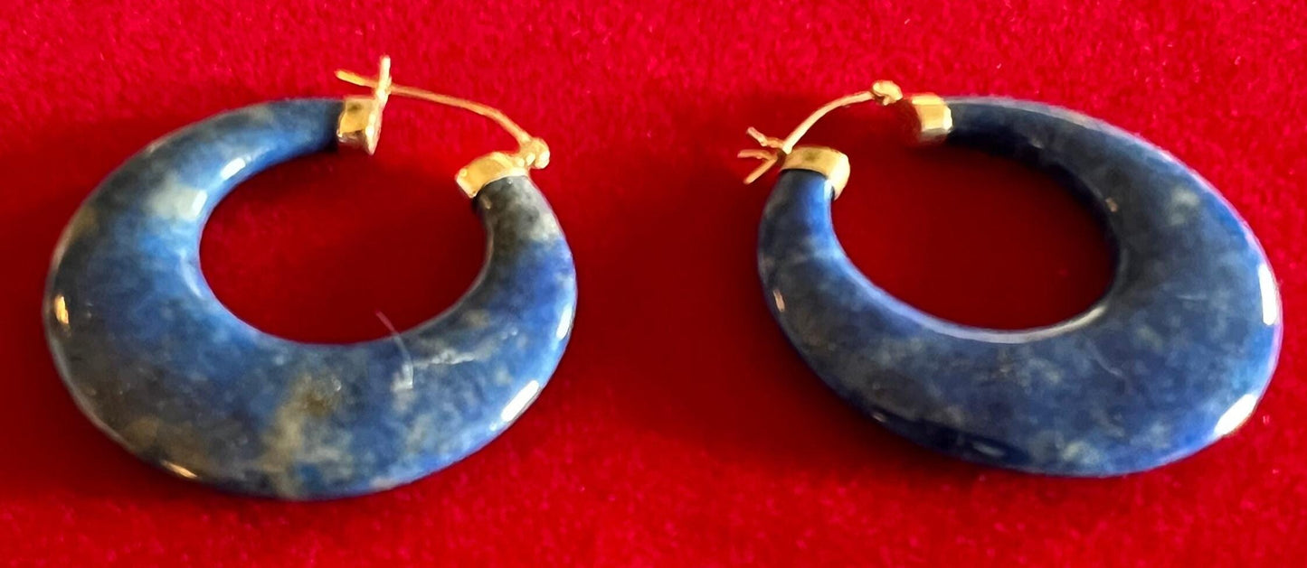 Vintage 14K Gold Lapis Hoop Earrings, Yellow Gold Jewelry
