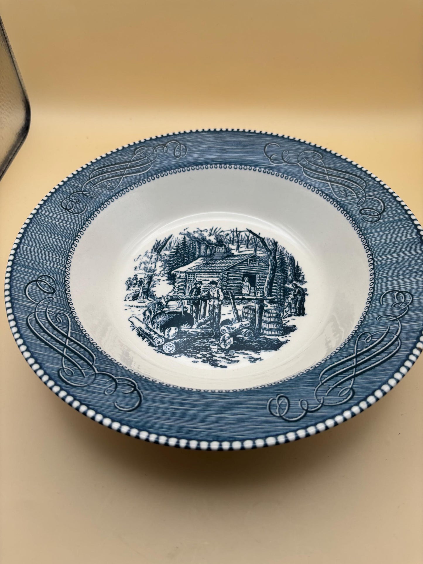 Vintage Currier & Ives by Royal China Bowl Blue White Outdoor Fire Side Near Cabin Scene Lover Antiques and Vintage