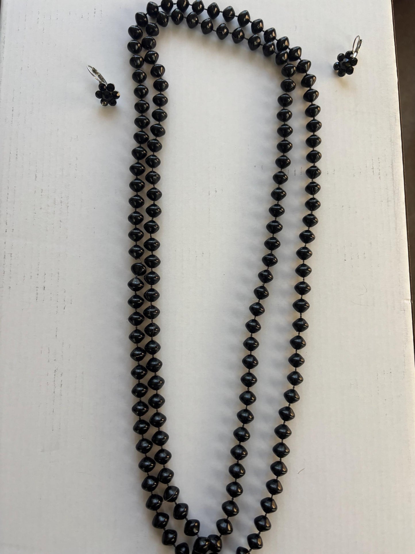Vintage Long Black Beaded Necklace and Matching Earrings Lover Antiques and Vintage
