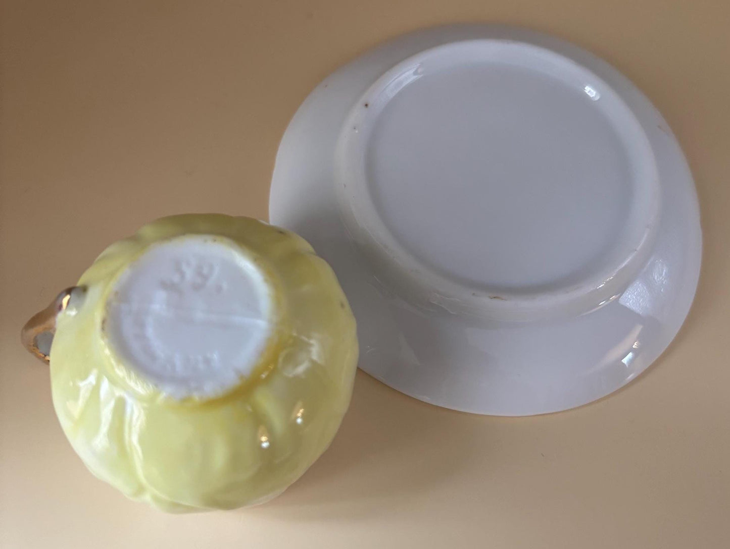 Shelley England Porcelain Tea Cup and Saucer Plate, Yellow & White Hombre, Signed and Numbered