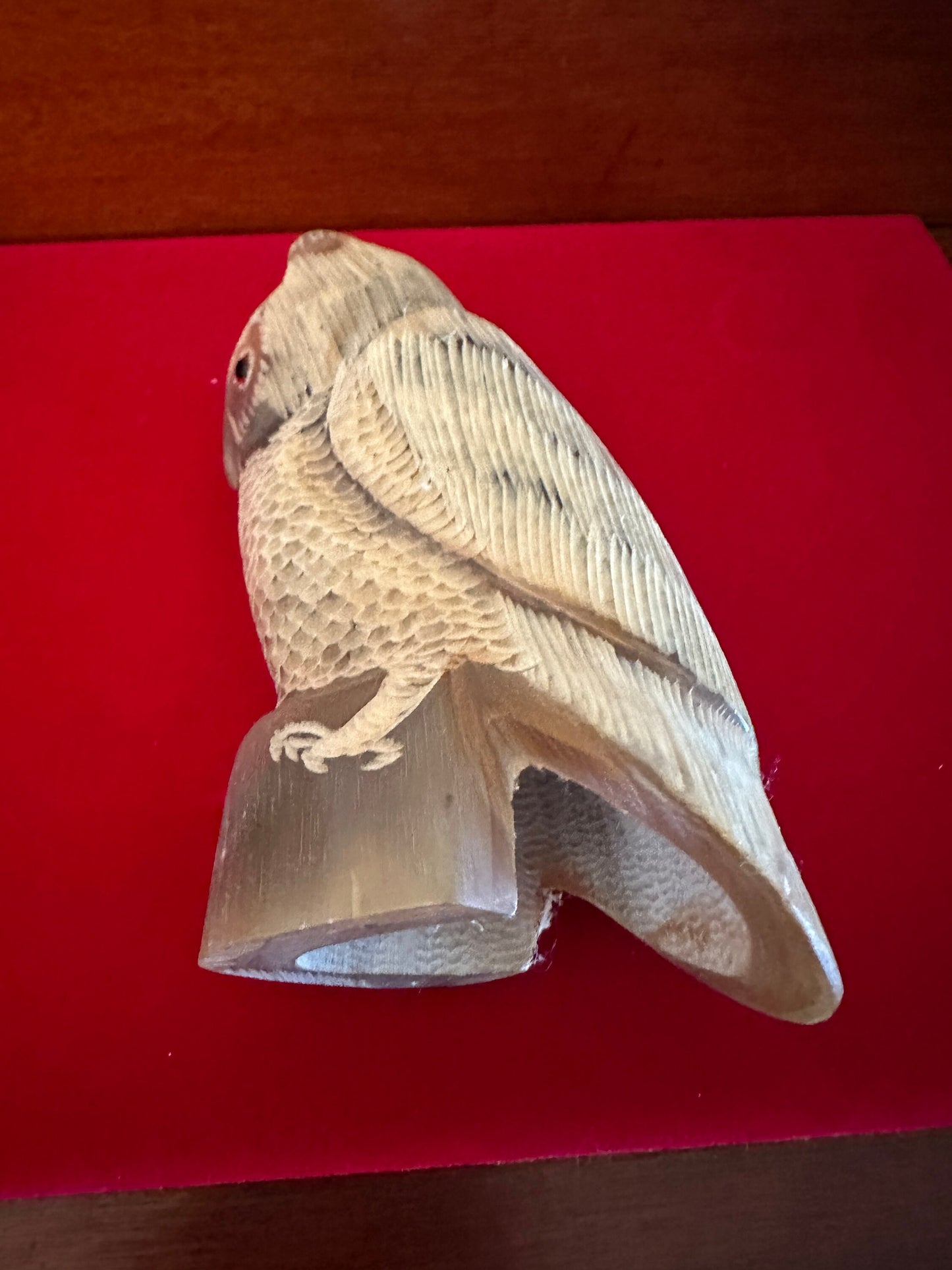 Vintage Hand Carved Horn Owl Figurine: Painted Owl Sculpture