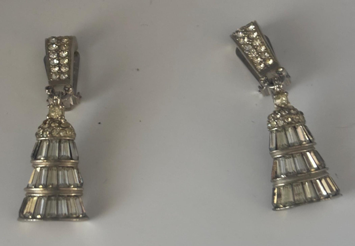 Pennino Rhinestone Earrings, Silver Three Tiered Baguette Cut Design, Bell Shaped