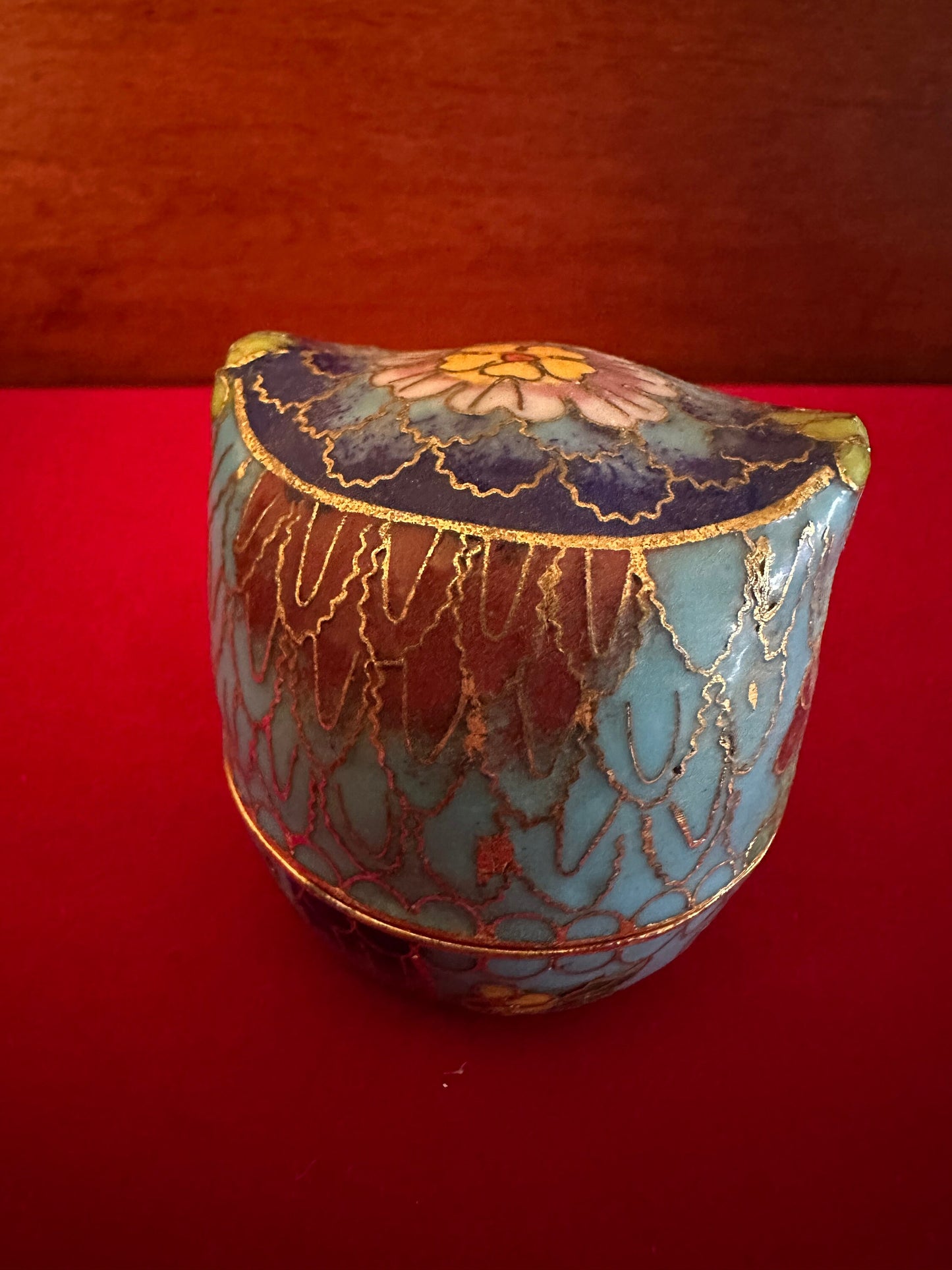 Vintage Cloisonné Enamel Owl Trinket Box: Cobalt Blue & Brass