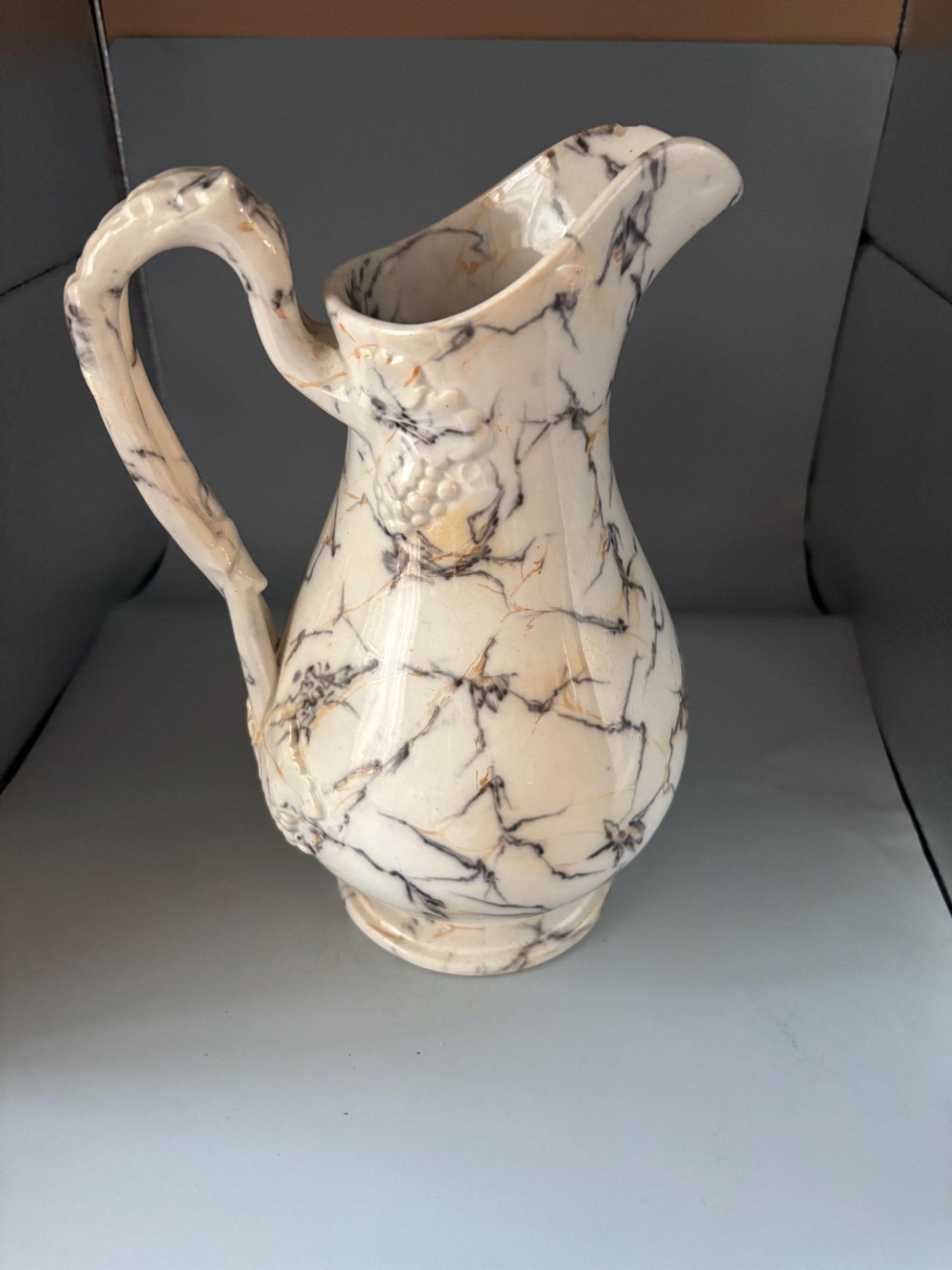 Antique Marble Pitcher No. 876, White Black Veined Decorative Vase