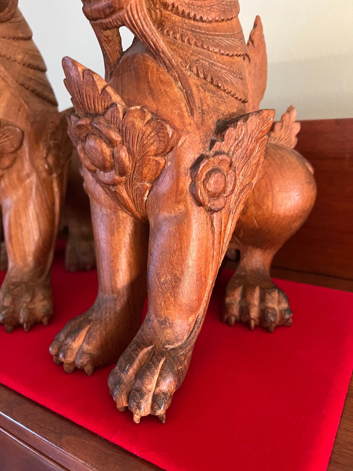 Vintage Carved Teak Foo Dogs: Hong Kong Statues, Set of 2