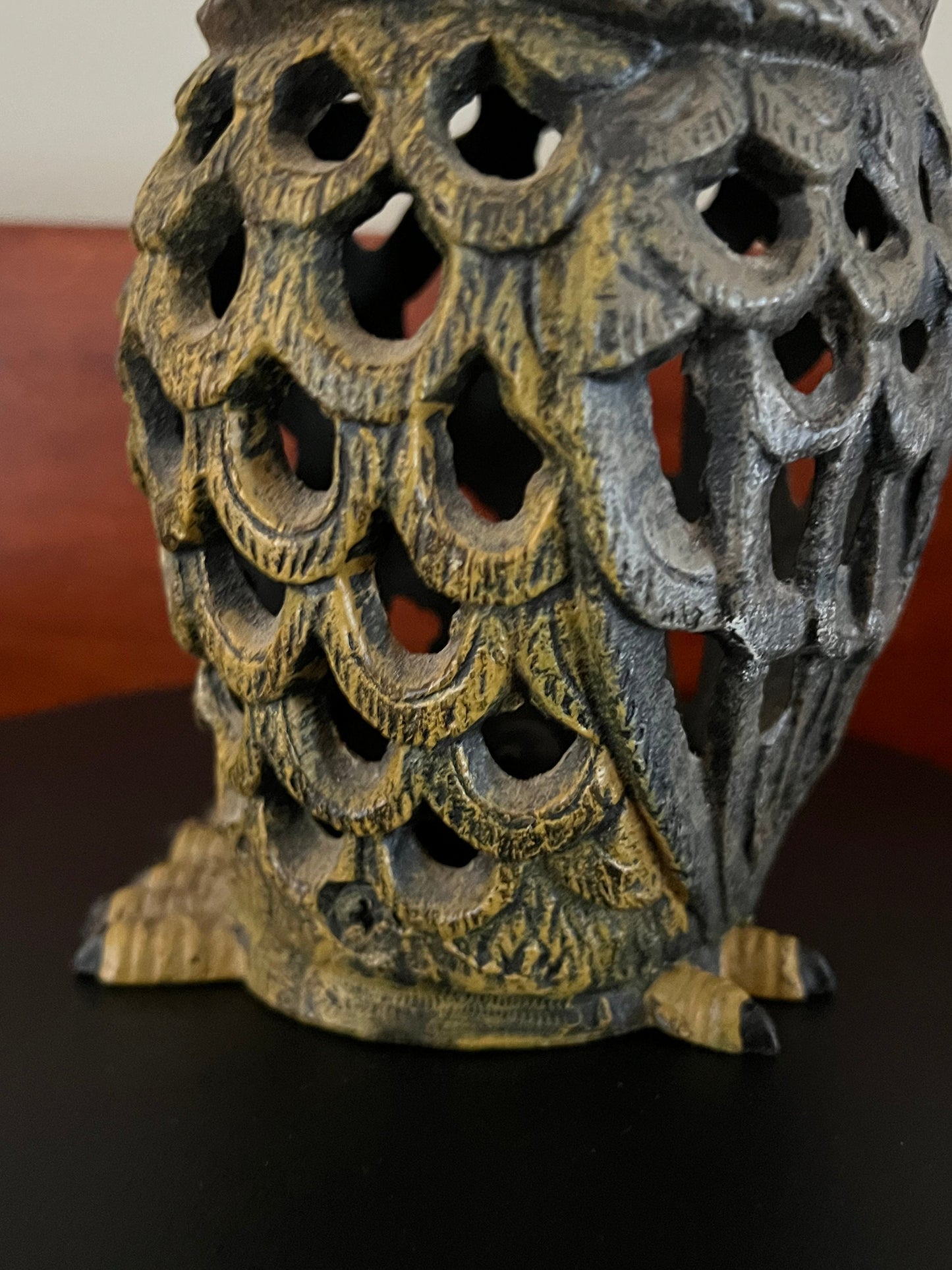 Antique Cast Iron Owl Candle Lamp: Original Patina
