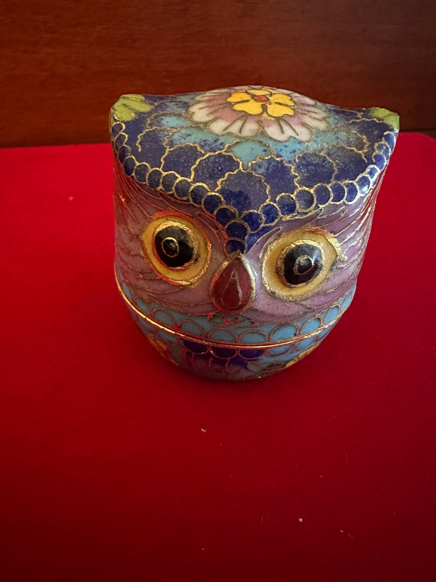 Vintage Cloisonné Enamel Owl Trinket Box: Cobalt Blue & Brass