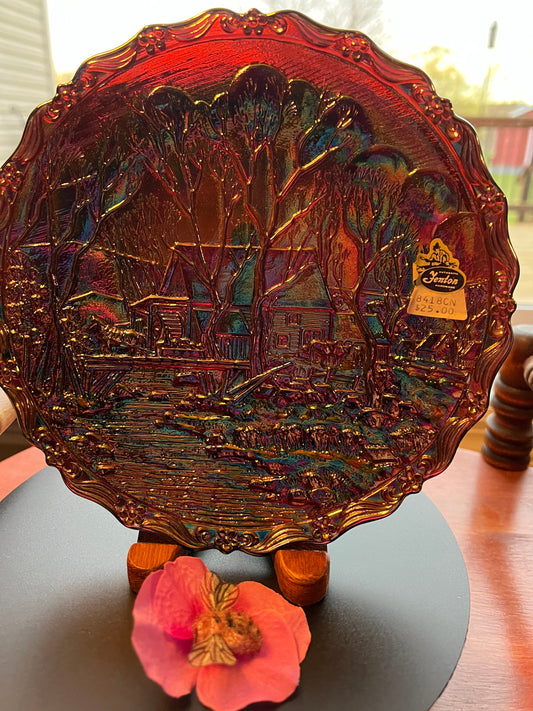 Vintage Fenton Carnival Glass Plate: Winter Country Scene