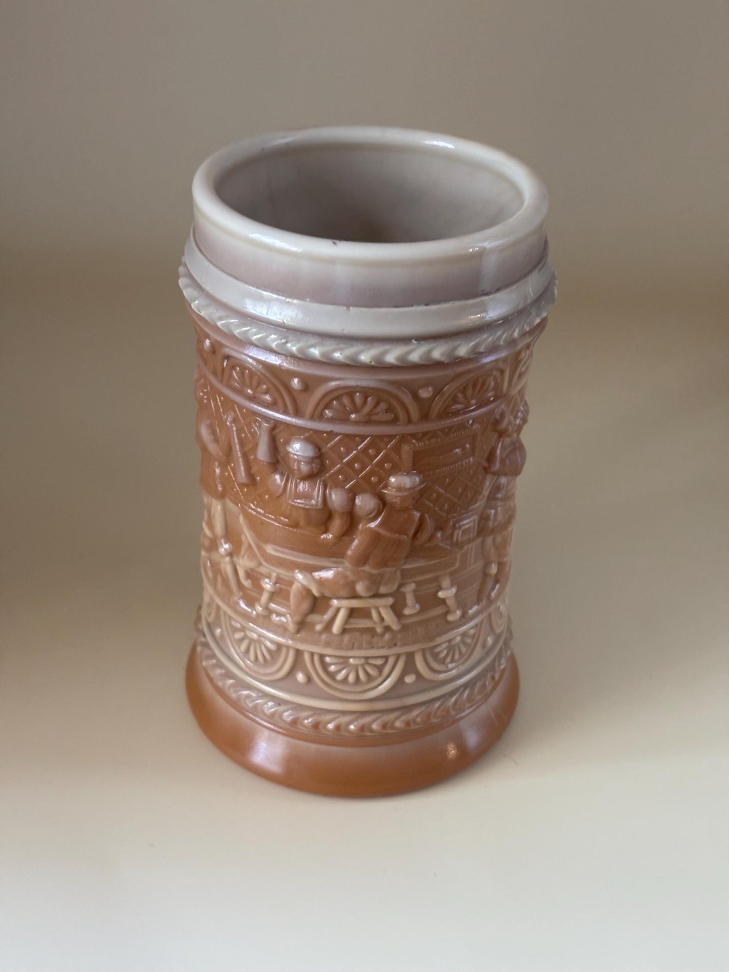 Antique Greentown Chocolate Glass Indoor Drinking Scene Pattern Stein, Lover Antiques and Vintage