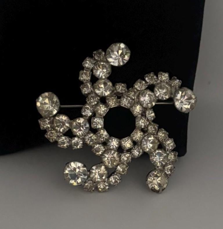 Vintage Rhinestone Swirl Brooch, Crystal Elegant Pin Jewelry