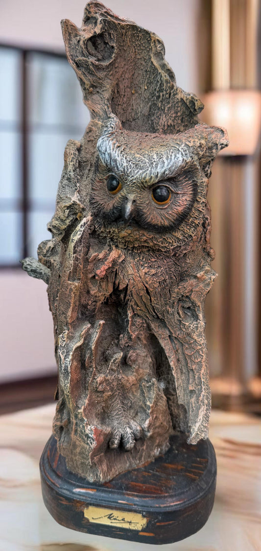Vintage Marka Gallery Owl in Tree Stump Sculpture Carved Wood Owl Statue Lover Antiques and Vintage