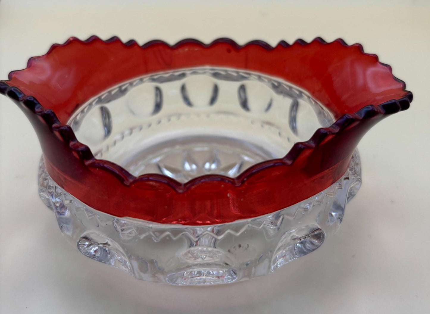 Antique Kings Crown Glass Bohemian Cranberry Cut Ruby Bowl or Spooner Lover Antiques and Vintage
