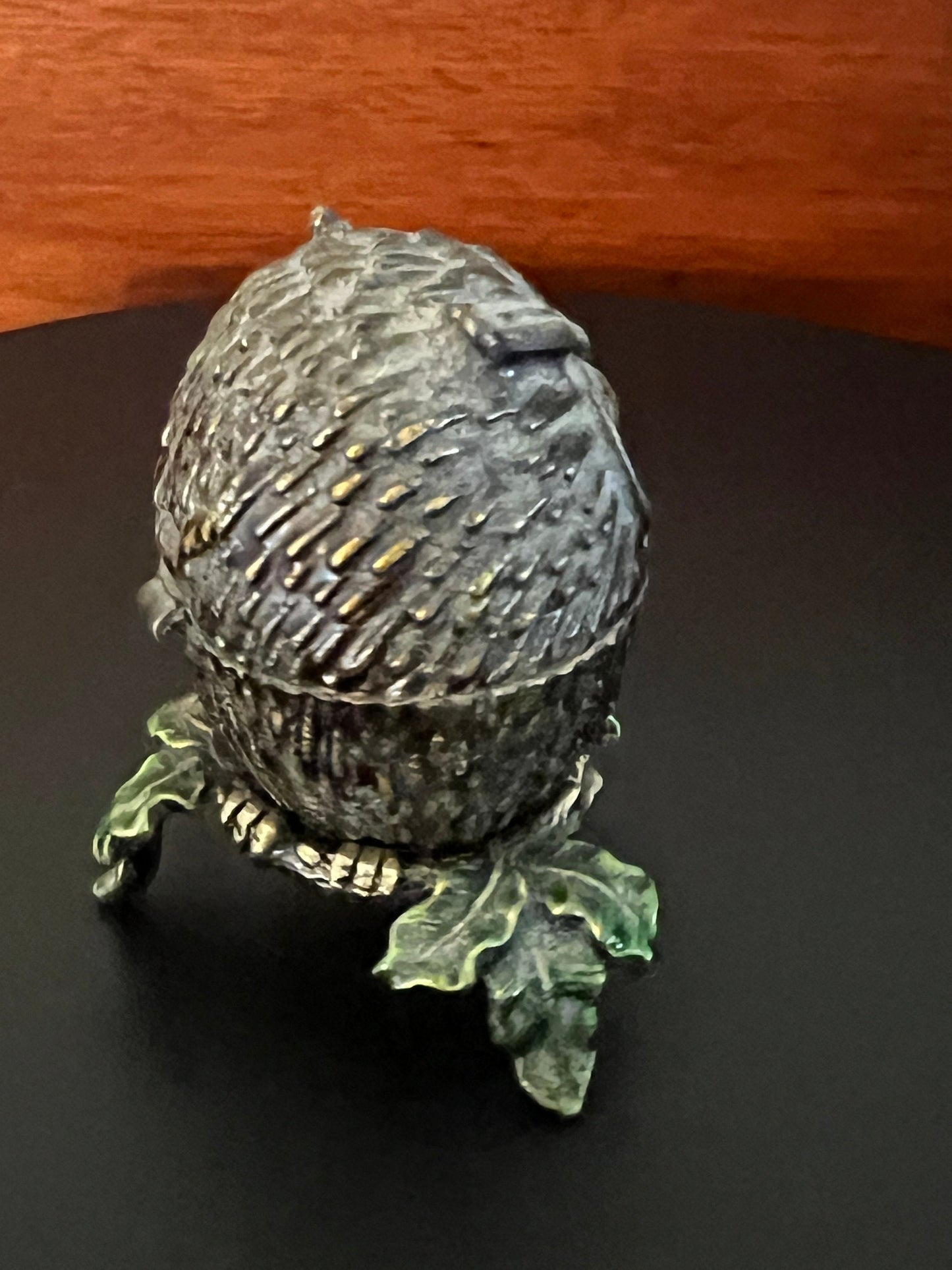 Vintage Owl Trinket Box: Jeweled Metal Owl on Leaf Stand