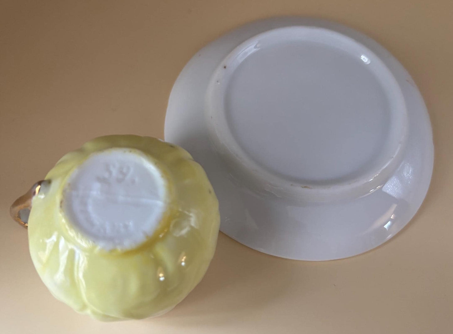 Shelley England Porcelain Tea Cup and Saucer Plate, Yellow & White Hombre, Signed and Numbered