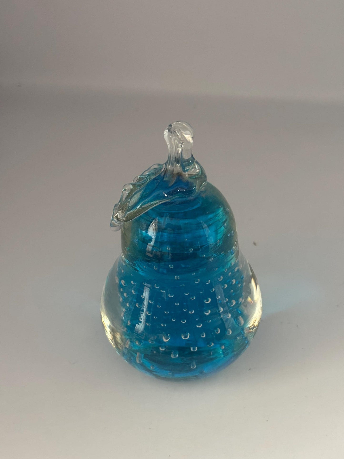 Vintage Aqua Glass Pear Bullicante with Controlled Bubbles 4.5 Inch Hand Blown Paperweight