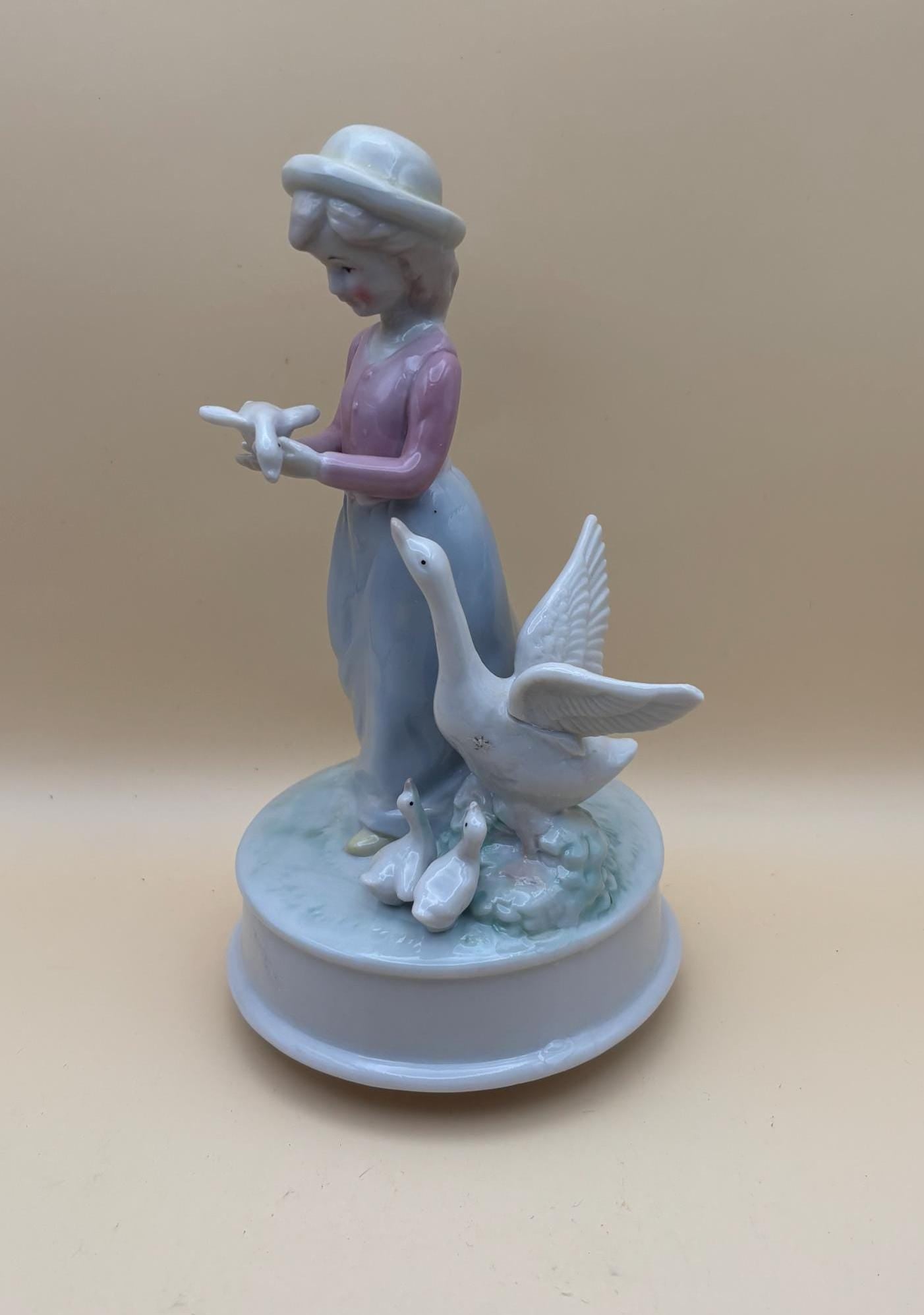 Vintage Woman with Geese Music Box Statue Hand Painted Figurine Lover Antiques and Vintage