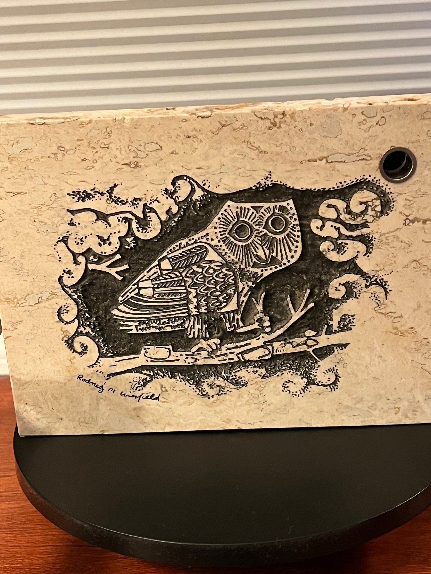 Vintage Owl Etching on Travertine Tile Pen Holder, Signed Art