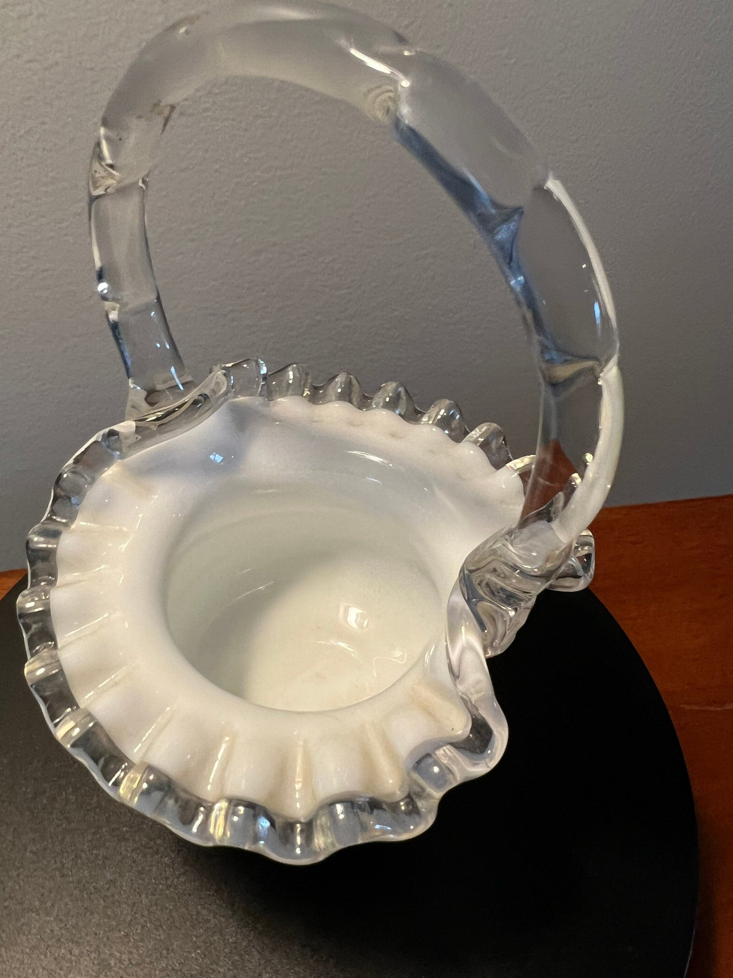 Vintage Fenton Silvercrest Basket Vase: White Ruffled Edge Art Glass