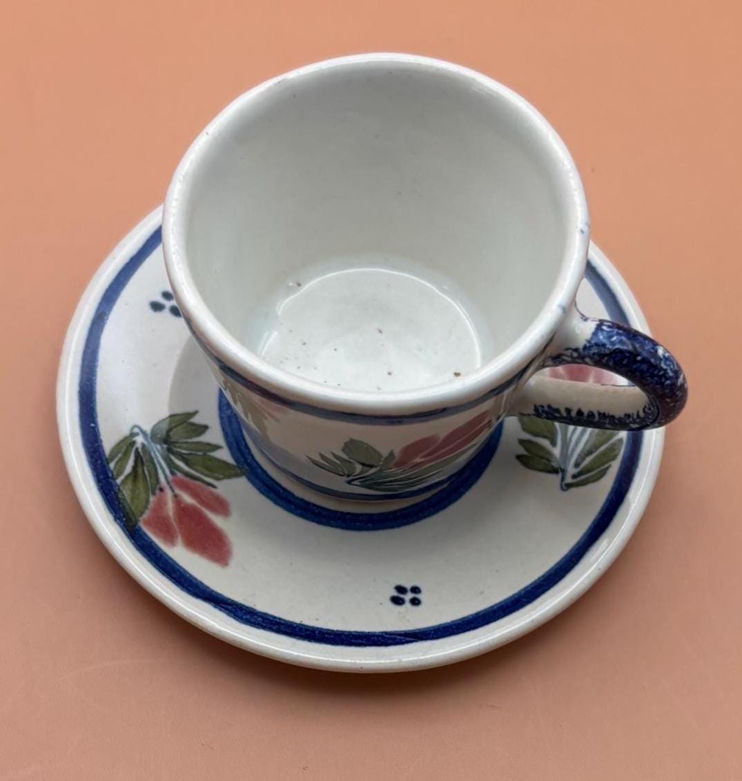 Antique Henriot Quimper Pottery Tea Cup and Saucer Made in France Number 102 Flower Motif Blue and Rose Lover Antiques