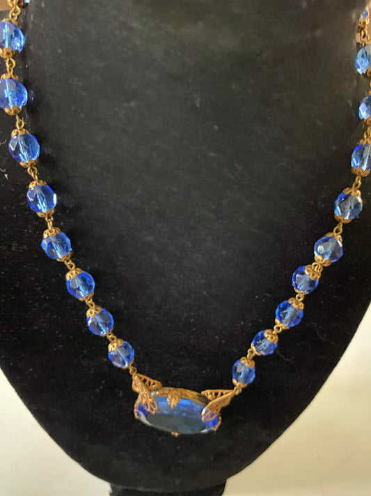 Vintage Czechoslovakian Blue Glass Necklace: Filigree Pendant