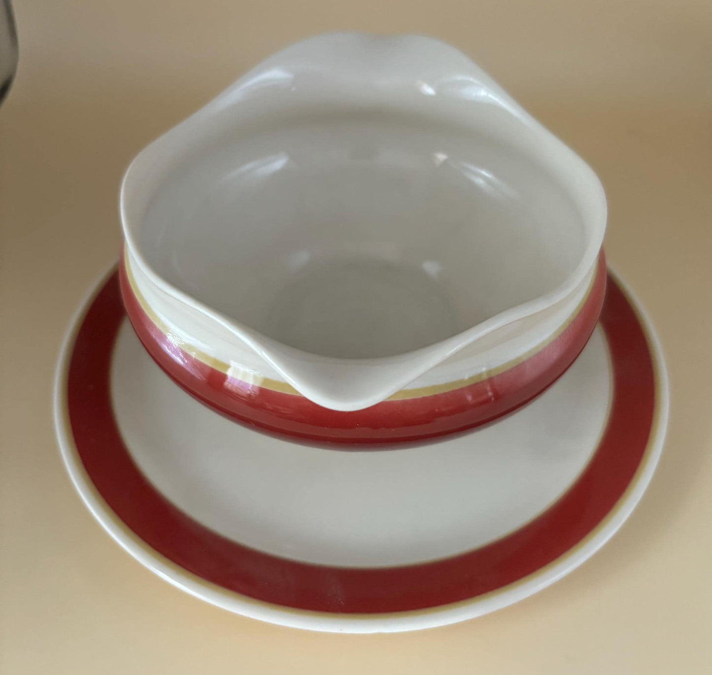 Vintage Syracuse China Gravy Boat and Saucer Red White Orange Stripe Lover Antiques and Vintage