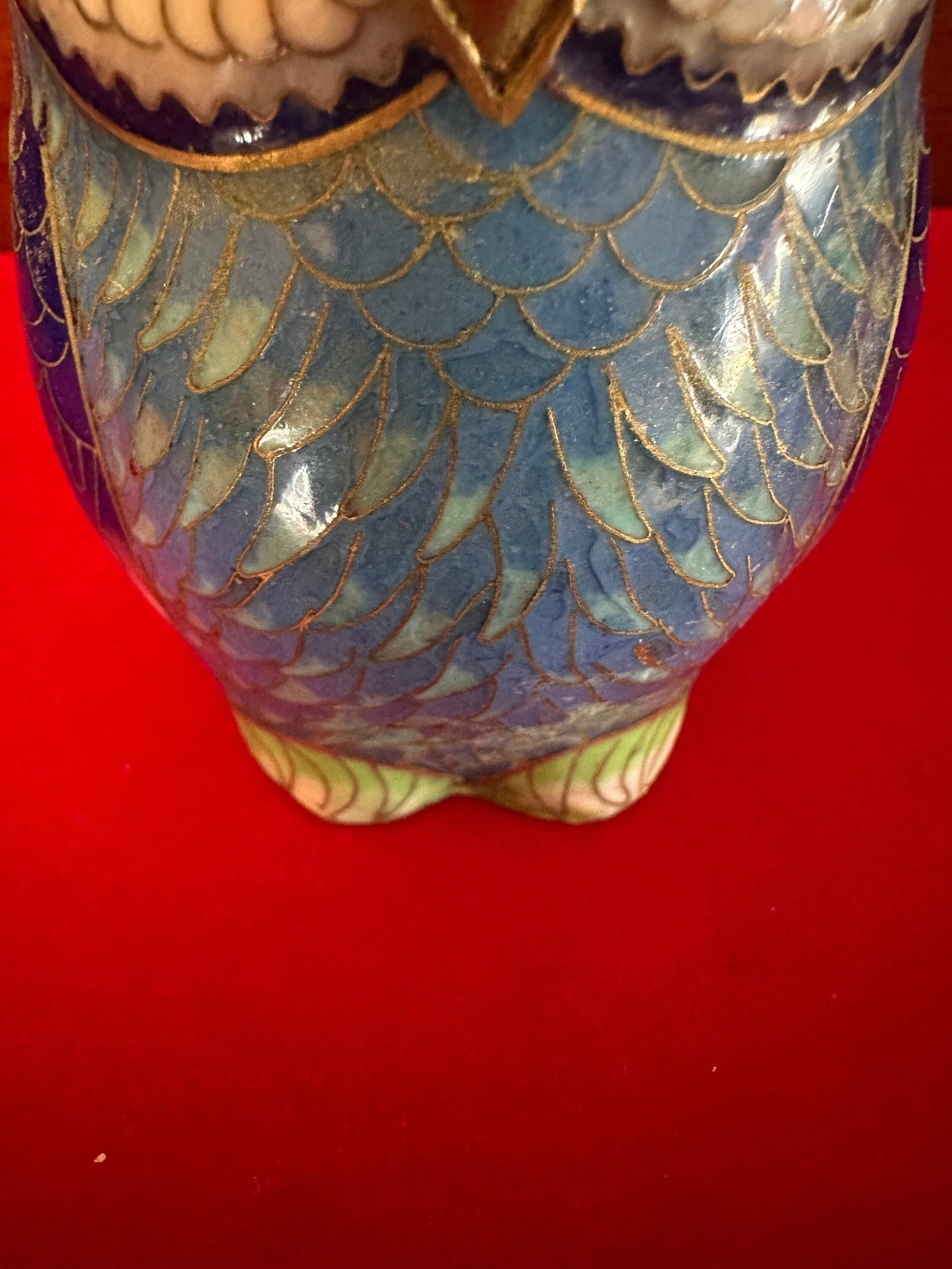 Vintage Cloisonné Enamel Owl Statue: Cobalt Blue & Brass