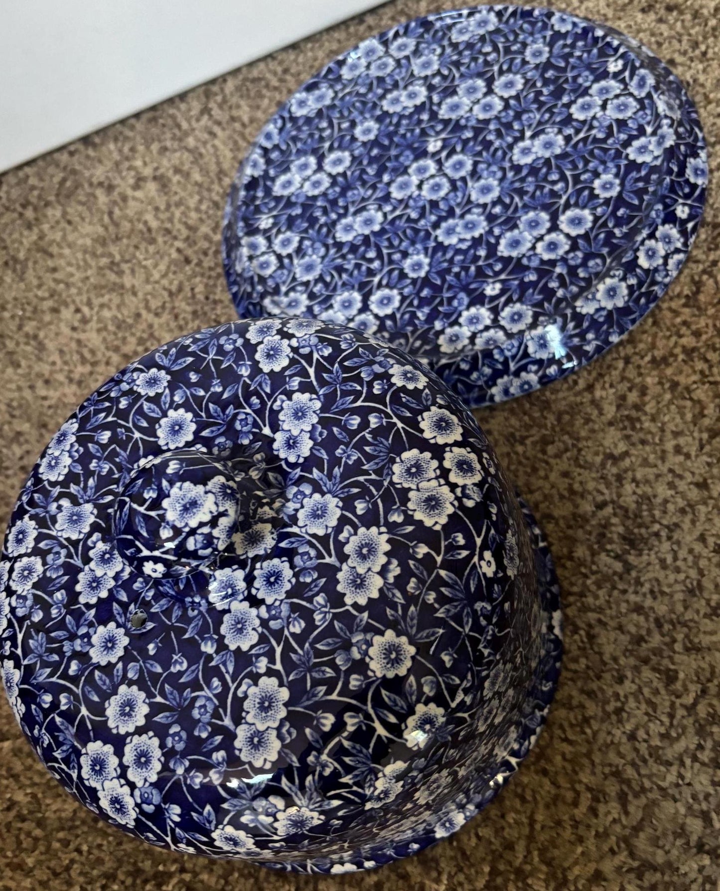 Burleigh Ware Large CALICO Blue Cheese Dome or Cake Plate with Cover Royal Crownford Ironstone England Blue and White Floral Transferware